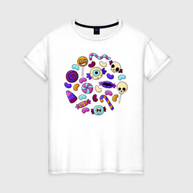Женская футболка хлопок с принтом Конфетный набор в Курске, 100% хлопок | прямой крой, круглый вырез горловины, длина до линии бедер, слегка спущенное плечо | иллюстрация | карамель | конфеты | леденец | ужастик