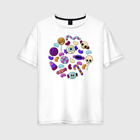 Женская футболка хлопок Oversize с принтом Конфетный набор в Курске, 100% хлопок | свободный крой, круглый ворот, спущенный рукав, длина до линии бедер
 | иллюстрация | карамель | конфеты | леденец | ужастик