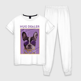 Женская пижама хлопок с принтом Hug Dealer.Дилер объятий в Курске, 100% хлопок | брюки и футболка прямого кроя, без карманов, на брюках мягкая резинка на поясе и по низу штанин | dealer | hug | hug dealer | дилер | дилер объятий | собака | французский бульдог