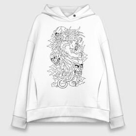 Женское худи Oversize хлопок с принтом Tiger & Skulls tattoo в Курске, френч-терри — 70% хлопок, 30% полиэстер. Мягкий теплый начес внутри —100% хлопок | боковые карманы, эластичные манжеты и нижняя кромка, капюшон на магнитной кнопке | graphics | hype | jungle | skull | tattoo | tiger | графика | татуировка | тигр | хайп | череп