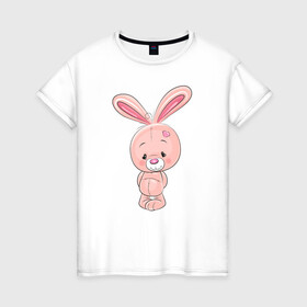 Женская футболка хлопок с принтом розовый зайка в Курске, 100% хлопок | прямой крой, круглый вырез горловины, длина до линии бедер, слегка спущенное плечо | заяц | кролик | лапы | мягкий | персонаж | розовый | уши | хвост