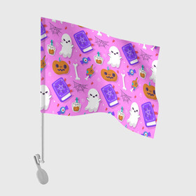 Флаг для автомобиля с принтом Дневной Хэллоуин в Курске, 100% полиэстер | Размер: 30*21 см | background | иллюстрация | книга | конфеты | паутина | призрак | тыква