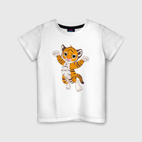 Детская футболка хлопок с принтом Милый тигренок в Курске, 100% хлопок | круглый вырез горловины, полуприлегающий силуэт, длина до линии бедер | 2022 | animal | cat | lion | tiger | год тигра | животные | зверь | зубы | кот | кошка | лев | охотник | полосатый | природа | тигр | тигренок | тигрица | хищник
