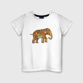 Детская футболка хлопок с принтом Тигровый слон в Курске, 100% хлопок | круглый вырез горловины, полуприлегающий силуэт, длина до линии бедер | 2022 | animal | cat | elephant | lion | tiger | африка | год тигра | животные | зверь | зубы | кот | кошка | лев | охотник | полосатый | природа | слон | слоненок | тигр | тигренок | тигрица | хищник