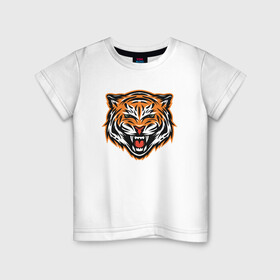 Детская футболка хлопок с принтом Грозный тигр в Курске, 100% хлопок | круглый вырез горловины, полуприлегающий силуэт, длина до линии бедер | 2022 | animal | cat | lion | tiger | год тигра | животные | зверь | зубы | кот | кошка | лев | охотник | полосатый | природа | тигр | тигренок | тигрица | хищник