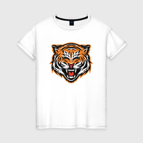 Женская футболка хлопок с принтом Грозный тигр в Курске, 100% хлопок | прямой крой, круглый вырез горловины, длина до линии бедер, слегка спущенное плечо | 2022 | animal | cat | lion | tiger | год тигра | животные | зверь | зубы | кот | кошка | лев | охотник | полосатый | природа | тигр | тигренок | тигрица | хищник