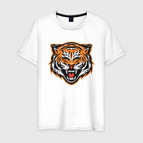 Мужская футболка хлопок с принтом Грозный тигр в Курске, 100% хлопок | прямой крой, круглый вырез горловины, длина до линии бедер, слегка спущенное плечо. | 2022 | animal | cat | lion | tiger | год тигра | животные | зверь | зубы | кот | кошка | лев | охотник | полосатый | природа | тигр | тигренок | тигрица | хищник