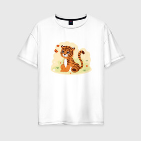 Женская футболка хлопок Oversize с принтом Тигренок и бабочки в Курске, 100% хлопок | свободный крой, круглый ворот, спущенный рукав, длина до линии бедер
 | 2022 | animal | cat | lion | tiger | год тигра | животные | зверь | зубы | кот | кошка | лев | охотник | полосатый | природа | тигр | тигренок | тигрица | хищник