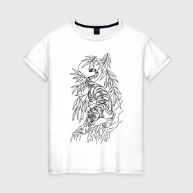Женская футболка хлопок с принтом Тигр в джунглях татуировка в Курске, 100% хлопок | прямой крой, круглый вырез горловины, длина до линии бедер, слегка спущенное плечо | clouds | jungle | sun | tattoo | tiger | джунгли | камень | облака | озеро | солнце | татуировка | тигр