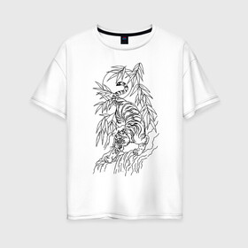 Женская футболка хлопок Oversize с принтом Тигр в джунглях татуировка в Курске, 100% хлопок | свободный крой, круглый ворот, спущенный рукав, длина до линии бедер
 | clouds | jungle | sun | tattoo | tiger | джунгли | камень | облака | озеро | солнце | татуировка | тигр
