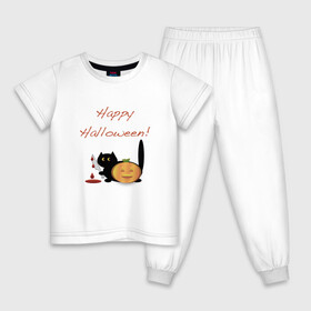 Детская пижама хлопок с принтом Happy Halloween! в Курске, 100% хлопок |  брюки и футболка прямого кроя, без карманов, на брюках мягкая резинка на поясе и по низу штанин
 | halloween | hallowin | hellowin | котик | страшилка | тыква | хэллоувин