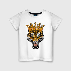 Детская футболка хлопок с принтом Царь тигр в Курске, 100% хлопок | круглый вырез горловины, полуприлегающий силуэт, длина до линии бедер | Тематика изображения на принте: 2022 | animal | cat | lion | tiger | год тигра | животные | зверь | зубы | кот | кошка | лев | охотник | полосатый | природа | тигр | тигренок | тигрица | хищник