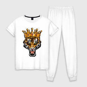 Женская пижама хлопок с принтом Царь тигр в Курске, 100% хлопок | брюки и футболка прямого кроя, без карманов, на брюках мягкая резинка на поясе и по низу штанин | 2022 | animal | cat | lion | tiger | год тигра | животные | зверь | зубы | кот | кошка | лев | охотник | полосатый | природа | тигр | тигренок | тигрица | хищник
