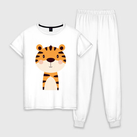 Женская пижама хлопок с принтом Cartoon Tiger в Курске, 100% хлопок | брюки и футболка прямого кроя, без карманов, на брюках мягкая резинка на поясе и по низу штанин | 2022 | animal | cat | lion | tiger | год тигра | животные | зверь | зубы | кот | кошка | лев | охотник | полосатый | природа | тигр | тигренок | тигрица | хищник
