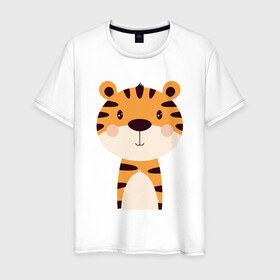 Мужская футболка хлопок с принтом Cartoon Tiger в Курске, 100% хлопок | прямой крой, круглый вырез горловины, длина до линии бедер, слегка спущенное плечо. | Тематика изображения на принте: 2022 | animal | cat | lion | tiger | год тигра | животные | зверь | зубы | кот | кошка | лев | охотник | полосатый | природа | тигр | тигренок | тигрица | хищник