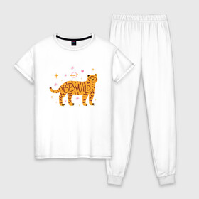 Женская пижама хлопок с принтом Be Wild в Курске, 100% хлопок | брюки и футболка прямого кроя, без карманов, на брюках мягкая резинка на поясе и по низу штанин | 2022 | animal | cat | lion | tiger | год тигра | животные | зверь | зубы | кот | кошка | лев | охотник | полосатый | природа | тигр | тигренок | тигрица | хищник
