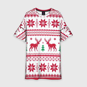 Детское платье 3D с принтом Зимняя ночь в Курске, 100% полиэстер | прямой силуэт, чуть расширенный к низу. Круглая горловина, на рукавах — воланы | арт | вязаный рисунок | вязь | дерево | ёлка | ёлки | ель | новый год | олени | олень | рисунок | рождество | снег | снежинка | снежинки