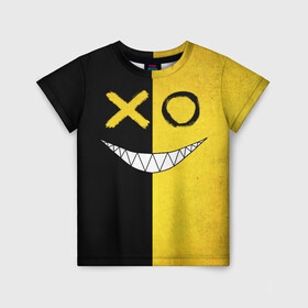 Детская футболка 3D с принтом Yellow and black smile в Курске, 100% гипоаллергенный полиэфир | прямой крой, круглый вырез горловины, длина до линии бедер, чуть спущенное плечо, ткань немного тянется | Тематика изображения на принте: emoji | smile | глаза крестики | злой смайл | злой смайлик | зубы | контраст | крестики | подарок | пятна | смайл | смайлик | улыбка | эмоджи | эмоция
