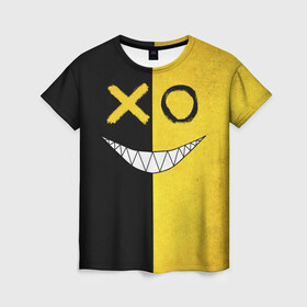 Женская футболка 3D с принтом Yellow and black smile в Курске, 100% полиэфир ( синтетическое хлопкоподобное полотно) | прямой крой, круглый вырез горловины, длина до линии бедер | emoji | smile | глаза крестики | злой смайл | злой смайлик | зубы | контраст | крестики | подарок | пятна | смайл | смайлик | улыбка | эмоджи | эмоция