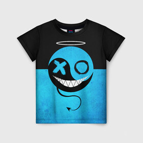 Детская футболка 3D с принтом Smail Blue в Курске, 100% гипоаллергенный полиэфир | прямой крой, круглый вырез горловины, длина до линии бедер, чуть спущенное плечо, ткань немного тянется | emoji | smile | глаза крестики | злой смайл | злой смайлик | зубы | контраст | крестики | подарок | пятна | смайл | смайлик | улыбка | эмоджи | эмоция
