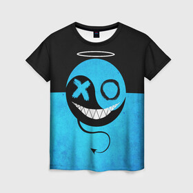 Женская футболка 3D с принтом Smail Blue в Курске, 100% полиэфир ( синтетическое хлопкоподобное полотно) | прямой крой, круглый вырез горловины, длина до линии бедер | emoji | smile | глаза крестики | злой смайл | злой смайлик | зубы | контраст | крестики | подарок | пятна | смайл | смайлик | улыбка | эмоджи | эмоция