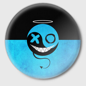 Значок с принтом Smail Blue в Курске,  металл | круглая форма, металлическая застежка в виде булавки | emoji | smile | глаза крестики | злой смайл | злой смайлик | зубы | контраст | крестики | подарок | пятна | смайл | смайлик | улыбка | эмоджи | эмоция