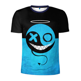 Мужская футболка 3D спортивная с принтом Smail Blue в Курске, 100% полиэстер с улучшенными характеристиками | приталенный силуэт, круглая горловина, широкие плечи, сужается к линии бедра | emoji | smile | глаза крестики | злой смайл | злой смайлик | зубы | контраст | крестики | подарок | пятна | смайл | смайлик | улыбка | эмоджи | эмоция