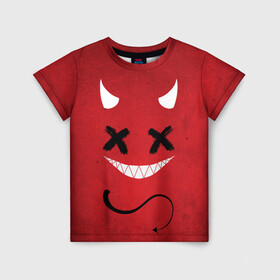 Детская футболка 3D с принтом Red Evil Smile в Курске, 100% гипоаллергенный полиэфир | прямой крой, круглый вырез горловины, длина до линии бедер, чуть спущенное плечо, ткань немного тянется | emoji | smile | глаза крестики | злой смайл | злой смайлик | зубы | контраст | крестики | подарок | пятна | смайл | смайлик | улыбка | эмоджи | эмоция