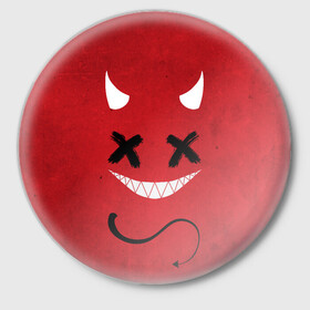 Значок с принтом Red Evil Smile в Курске,  металл | круглая форма, металлическая застежка в виде булавки | Тематика изображения на принте: emoji | smile | глаза крестики | злой смайл | злой смайлик | зубы | контраст | крестики | подарок | пятна | смайл | смайлик | улыбка | эмоджи | эмоция