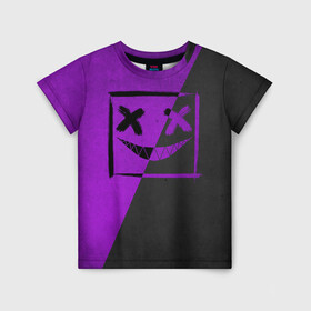 Детская футболка 3D с принтом Purple Smile в Курске, 100% гипоаллергенный полиэфир | прямой крой, круглый вырез горловины, длина до линии бедер, чуть спущенное плечо, ткань немного тянется | emoji | smile | глаза крестики | злой смайл | злой смайлик | зубы | контраст | крестики | подарок | пятна | смайл | смайлик | улыбка | эмоджи | эмоция