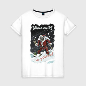 Женская футболка хлопок с принтом Merry Christmas, Megadeth в Курске, 100% хлопок | прямой крой, круглый вырез горловины, длина до линии бедер, слегка спущенное плечо | gesture | heavy metal | holiday | megadeth | merry christmas | new year | skeleton | skull | sky | snow | жест | новый год | праздник | рождество | рок | скелет | череп