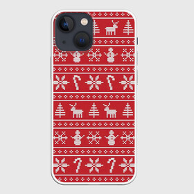 Чехол для iPhone 13 mini с принтом Новогодний атрибуты в Курске,  |  | арт | вязаный рисунок | вязь | дерево | деревья | ёлка | ёлки | ель | конфета | конфеты | новый год | ночь | олени | олень | рисунок | рога | рождество | снег | снеговик | снеговики | снежинка | снежинки