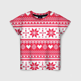 Детская футболка 3D с принтом Новогодний уют в Курске, 100% гипоаллергенный полиэфир | прямой крой, круглый вырез горловины, длина до линии бедер, чуть спущенное плечо, ткань немного тянется | арт | вязаный рисунок | вязь | новый год | рисунок | рождество | сердечки | сердечко | сердца | сердце | снег | снежинка | снежинки