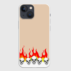 Чехол для iPhone 13 mini с принтом Черепа в Огне (Бежевый) в Курске,  |  | fire | head | skulls | голова | зверь | зубы | кости | огонь | паттерн | пламя | скелет | текстура | узор | черепа
