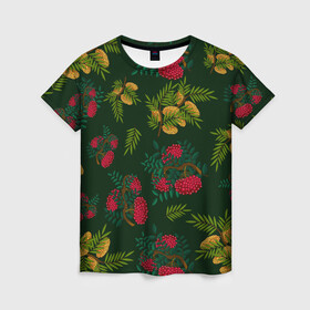 Женская футболка 3D с принтом ветки рябины и облепихи в Курске, 100% полиэфир ( синтетическое хлопкоподобное полотно) | прямой крой, круглый вырез горловины, длина до линии бедер | ветки | деревья | зеленый | зима | лес | листья | новый год | облепиха | осень | праздничный | природа | рождество | рябина | темно зеленый | ягоды