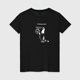 Женская футболка хлопок с принтом С  Новым мяу в Курске, 100% хлопок | прямой крой, круглый вырез горловины, длина до линии бедер, слегка спущенное плечо | елка | кот | новый год | тигр | шары