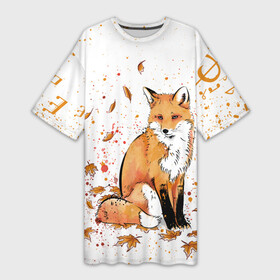 Платье-футболка 3D с принтом ЛИСА В ЛИСТЬЯХ  ОСЕННЕЕ НАСТРОЕНИЕ  FOX IN THE FOREST в Курске,  |  | autumn | forest | fox | животные | звери | лес | лиса | листья | музыка | ноты | осень | песни | природа