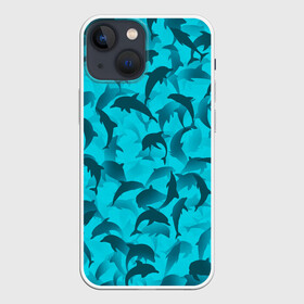 Чехол для iPhone 13 mini с принтом Синий камуфляж с дельфинами в Курске,  |  | Тематика изображения на принте: дельфин | дельфины | море | морской | океан | паттерн | рыба