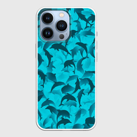 Чехол для iPhone 13 Pro с принтом Синий камуфляж с дельфинами в Курске,  |  | Тематика изображения на принте: дельфин | дельфины | море | морской | океан | паттерн | рыба