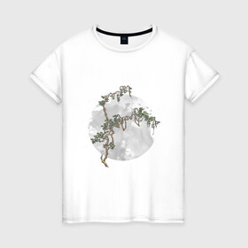 Женская футболка хлопок с принтом Дерево под луной в китайском стиле в Курске, 100% хлопок | прямой крой, круглый вырез горловины, длина до линии бедер, слегка спущенное плечо | дерево | звезды | китайский стиль | листва | луна | ночь | переплетение | природа | романтика | ствол дерева | узор