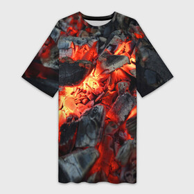 Платье-футболка 3D с принтом Древесные угли в Курске,  |  | ash | bonfire | coals | fire | heat | nature | smoldering | tourism | woody | древесные | жар | костер | огонь | пепел | природа | тлеющие | туризм | угли
