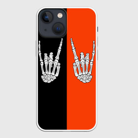 Чехол для iPhone 13 mini с принтом Ладошки скелета в Курске,  |  | bones | halloween | hands | happy halloween | rock | skeleton | skillet | skull | жест | жест коза | кисти рук | кости | ладони | ладошки | металлист | молодежные | пальцы | пальцы вверх | подростковые | рога | рокер | руки | символ | скеле