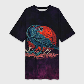 Платье-футболка 3D с принтом Ворон 666 в Курске,  |  | арт | ворон | графика | кровавая луна | оккультизм | птицы