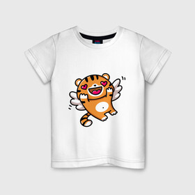 Детская футболка хлопок с принтом влюбленный тигренок в Курске, 100% хлопок | круглый вырез горловины, полуприлегающий силуэт, длина до линии бедер | Тематика изображения на принте: 2022 | год тигра | новый год | новый год 2022 | символ года | тигр | тигренок | тигрица | тигры