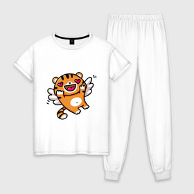 Женская пижама хлопок с принтом влюбленный тигренок в Курске, 100% хлопок | брюки и футболка прямого кроя, без карманов, на брюках мягкая резинка на поясе и по низу штанин | 2022 | год тигра | новый год | новый год 2022 | символ года | тигр | тигренок | тигрица | тигры