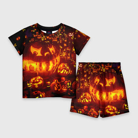 Детский костюм с шортами 3D с принтом Тыквы на Хэллоуин в Курске,  |  | angry | different | fear | funny | glow | happy halloween | holiday | many | night | pumpkins | весёлые | злые | много | ночь | праздник | разные | светятся | тыквы | хэллоуин