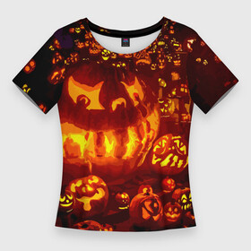 Женская футболка 3D Slim с принтом Тыквы на Хэллоуин в Курске,  |  | angry | different | fear | funny | glow | happy halloween | holiday | many | night | pumpkins | весёлые | злые | много | ночь | праздник | разные | светятся | тыквы | хэллоуин