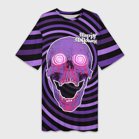 Платье-футболка 3D с принтом Магический череп в Курске,  |  | blood | day of the dead | from the eyes | happy halloween | holiday | hypnosis | lilac | look | magical | skull | spiral | взгляд | гипноз | день мертвых | из глаз | кровь | магический | праздник | сиреневый | спираль | хэллоуин | череп