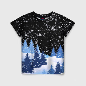 Детская футболка 3D с принтом Снежная ночь в зимнем лесу в Курске, 100% гипоаллергенный полиэфир | прямой крой, круглый вырез горловины, длина до линии бедер, чуть спущенное плечо, ткань немного тянется | christmas | christmas tree | happy new year | merry christmas | new year | snow | snowflakes | tree | белый снег | декабрь | ёлка | елки | зима | зима близко | зимний орнамент | зимний узор | лес | моро | новый год | пейзаж | подарок | природа