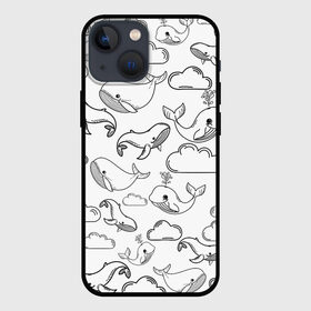Чехол для iPhone 13 mini с принтом Небесные киты (ЧБ) в Курске,  |  | Тематика изображения на принте: whale | детское | киты | летающие киты | небо | облака